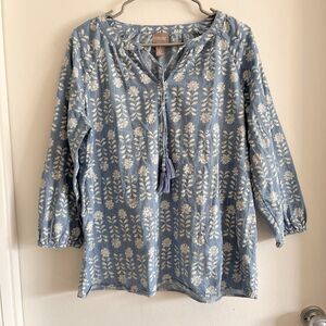 CHICO'S Sz 1 M Blue Blouse Peasant Cotton Foral Sequin